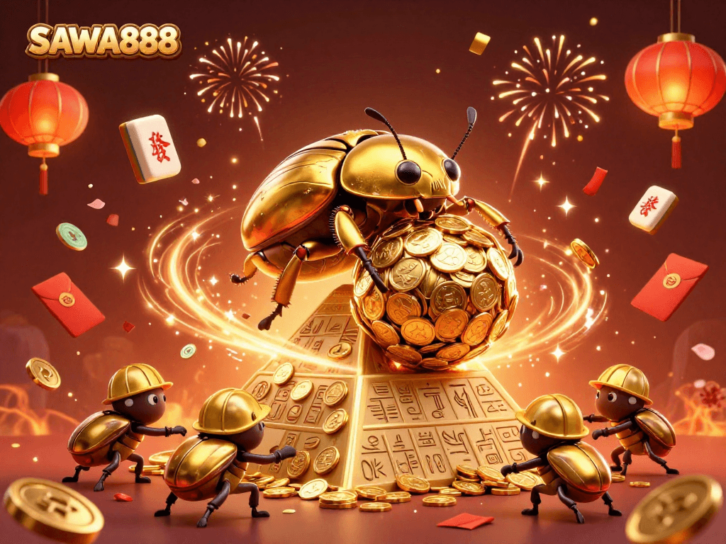 Experience thrilling gameplay at SAWA888 with golden beetles in a casino-themed celebration.