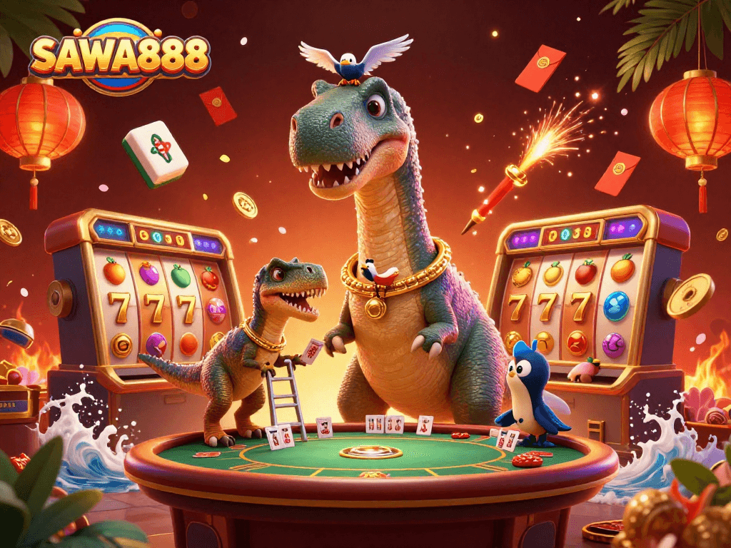 Experience thrilling slots action with SAWA888's vibrant casino scene featuring engaging characters and gameplay elements.