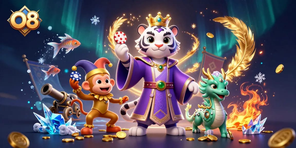 Experience thrilling fish shooting action with O8's vibrant characters in a lively casino scene.