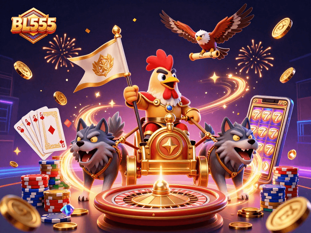 Experience thrilling action with BL555 as the rooster warlord leads a casino adventure amidst golden coins and roulette wheels.