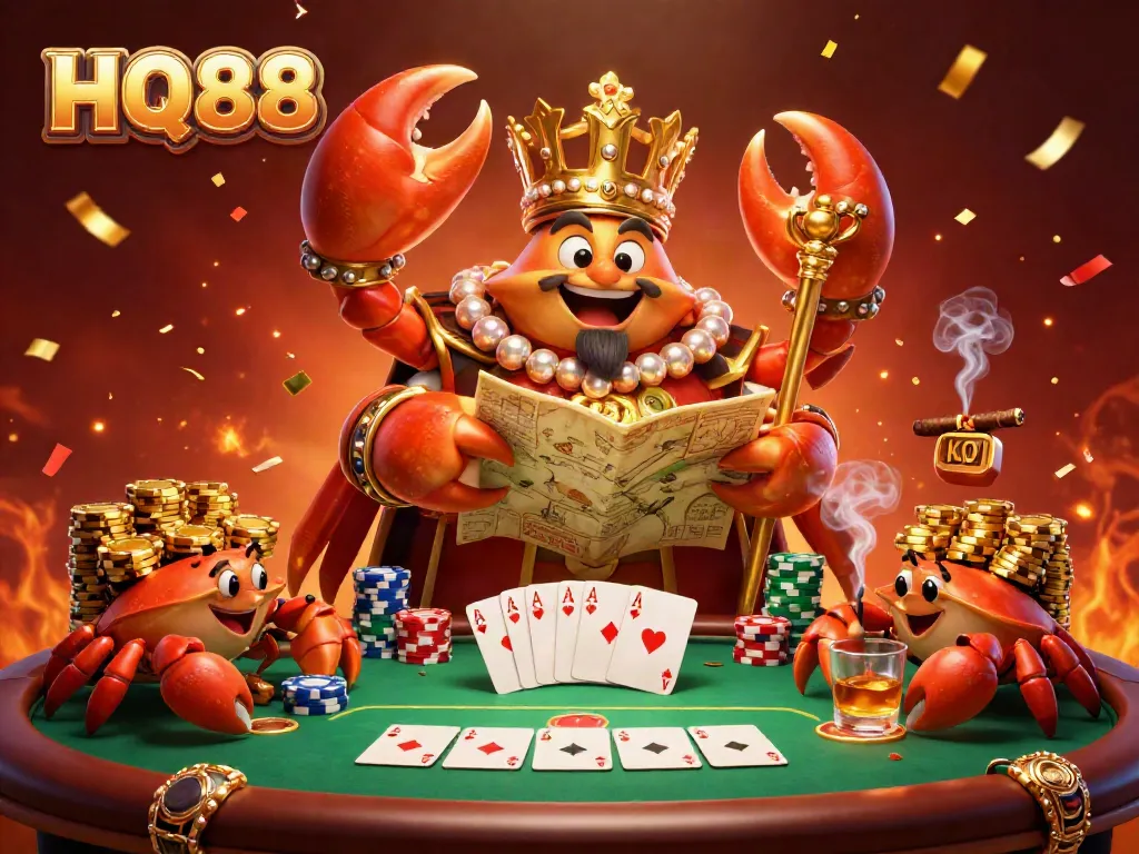 Engage with HQ88's vibrant casino atmosphere featuring a 3D crab emperor surrounded by festive poker elements.