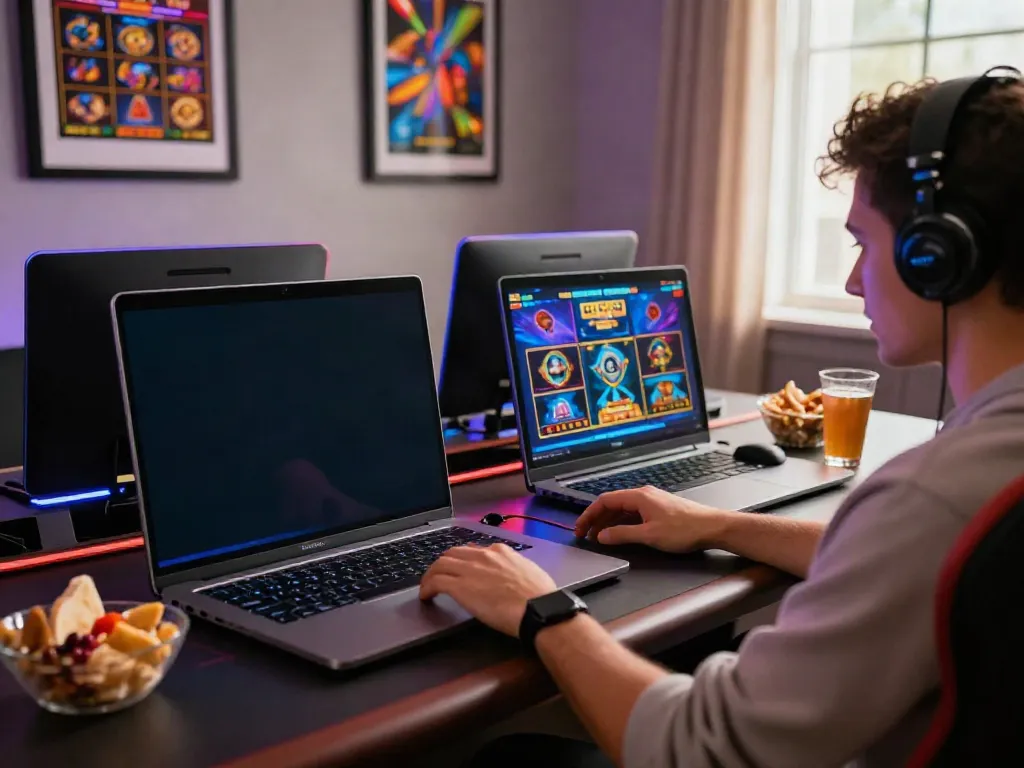 Player exploring online credit card casinos on a laptop in a vibrant gaming setup.