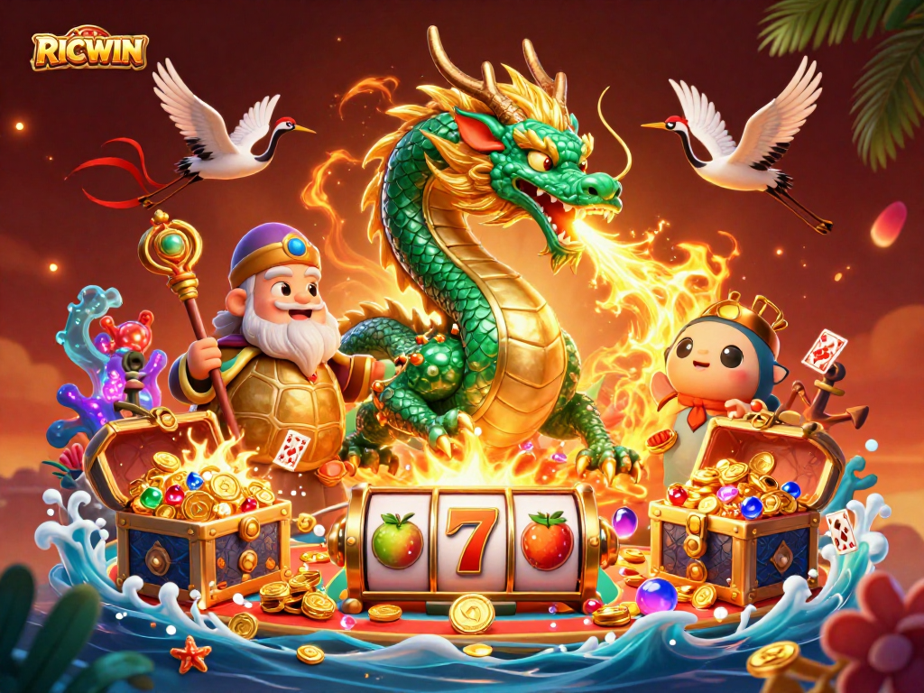 Experience the excitement of RICWIN with a vivid 3D illustration showcasing dragons and luck in a casino setting.