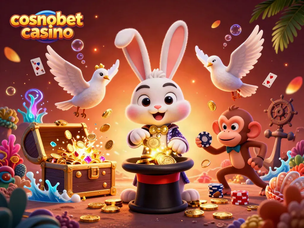 Experience thrilling action at cosmobet casino with a magician rabbit, dove, and monkey in a vibrant casino scene.
