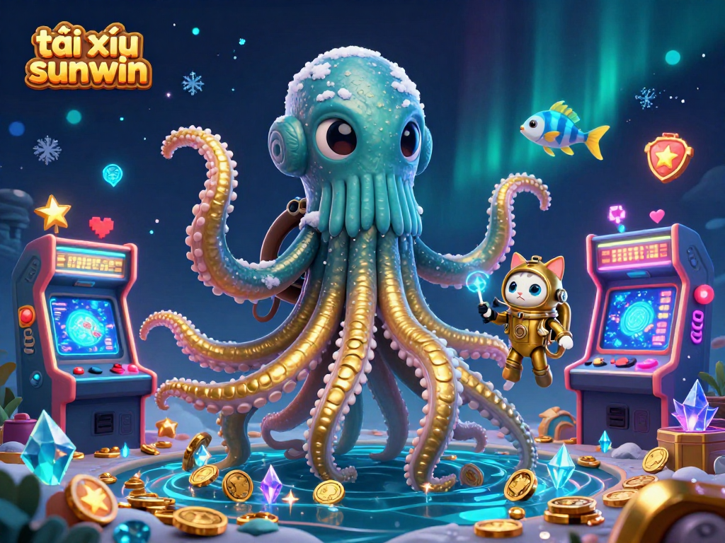 Engage in tài xỉu sunwin with a vibrant scene featuring a kraken, diving cat, and arcade elements.
