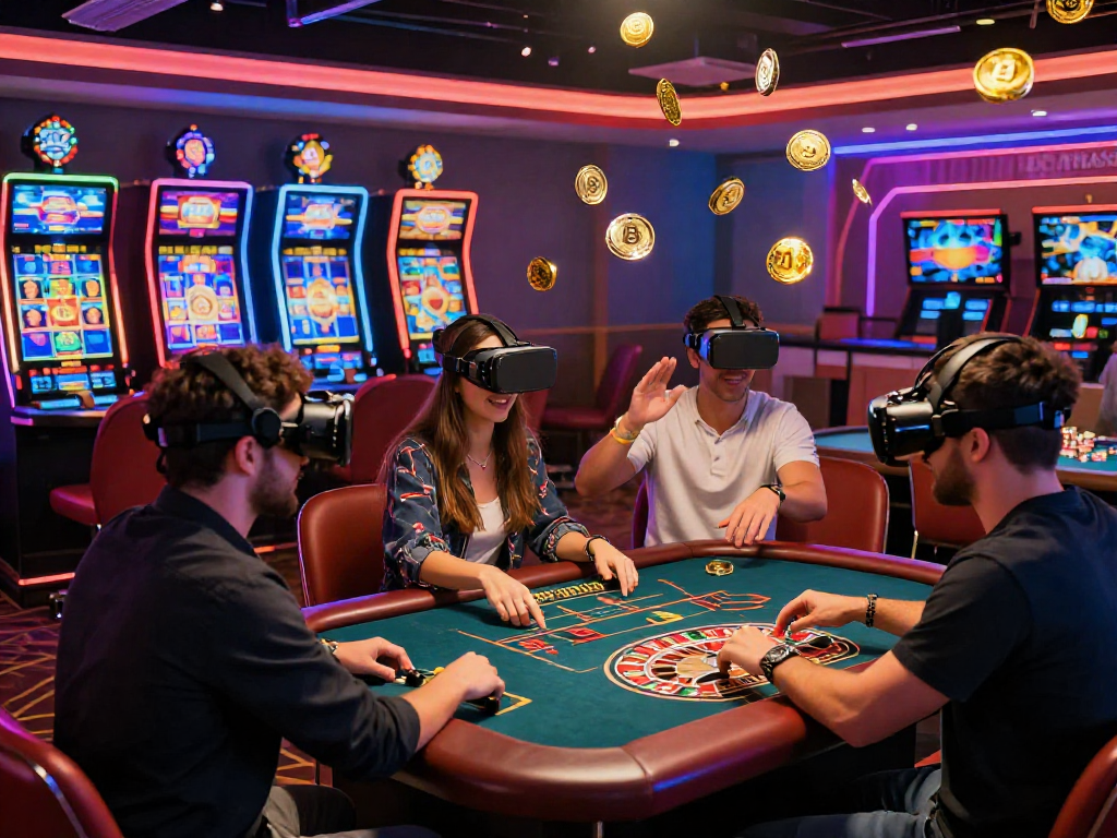 Group enjoying a crypto casino experience with vibrant lighting and digital games