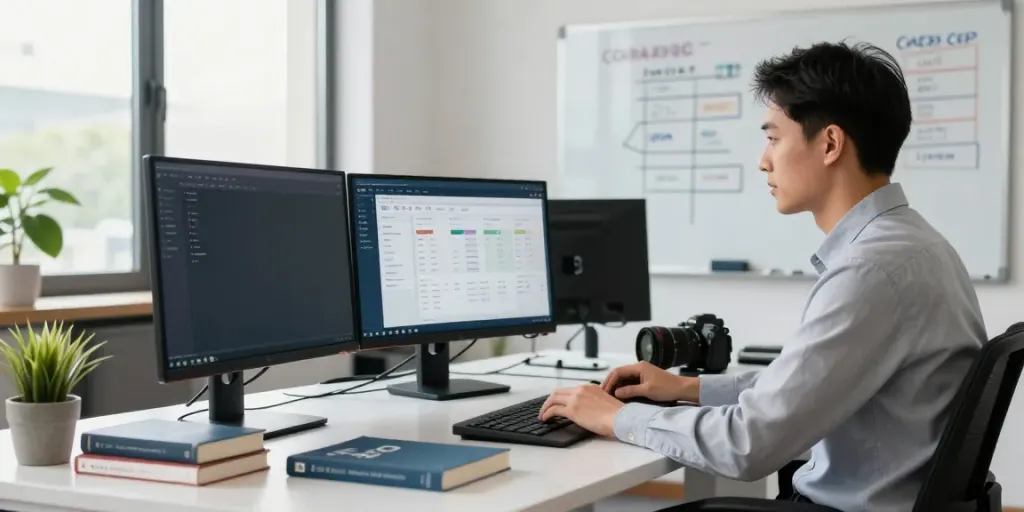 SEO specialist utilizing instant indexing tools in a modern marketing office.