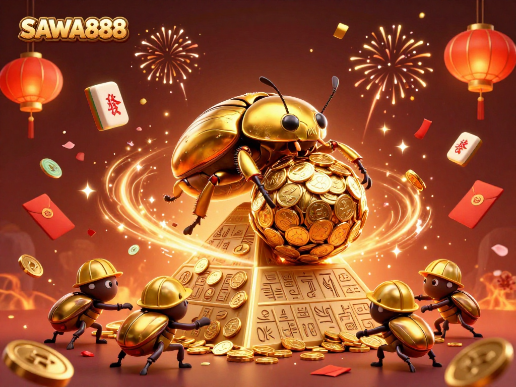 Experience thrilling gameplay at SAWA888 with golden beetles in a casino-themed celebration.