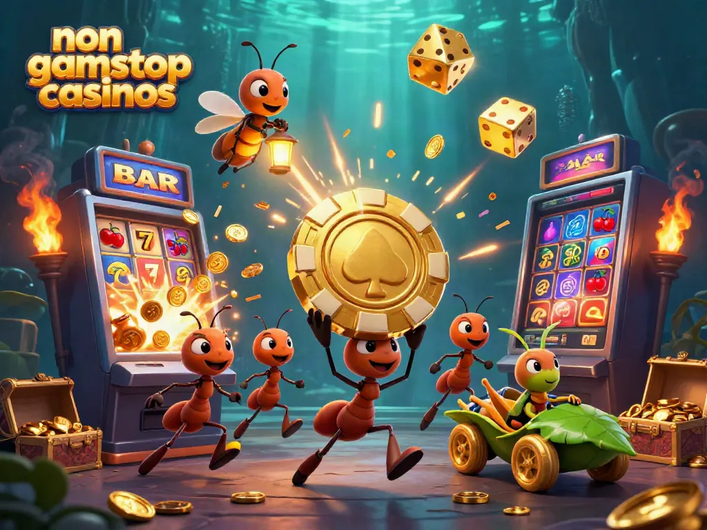 A dynamic heist scene featuring ants carrying a giant poker chip amidst bright casino visuals, highlighting non gamstop casinos.