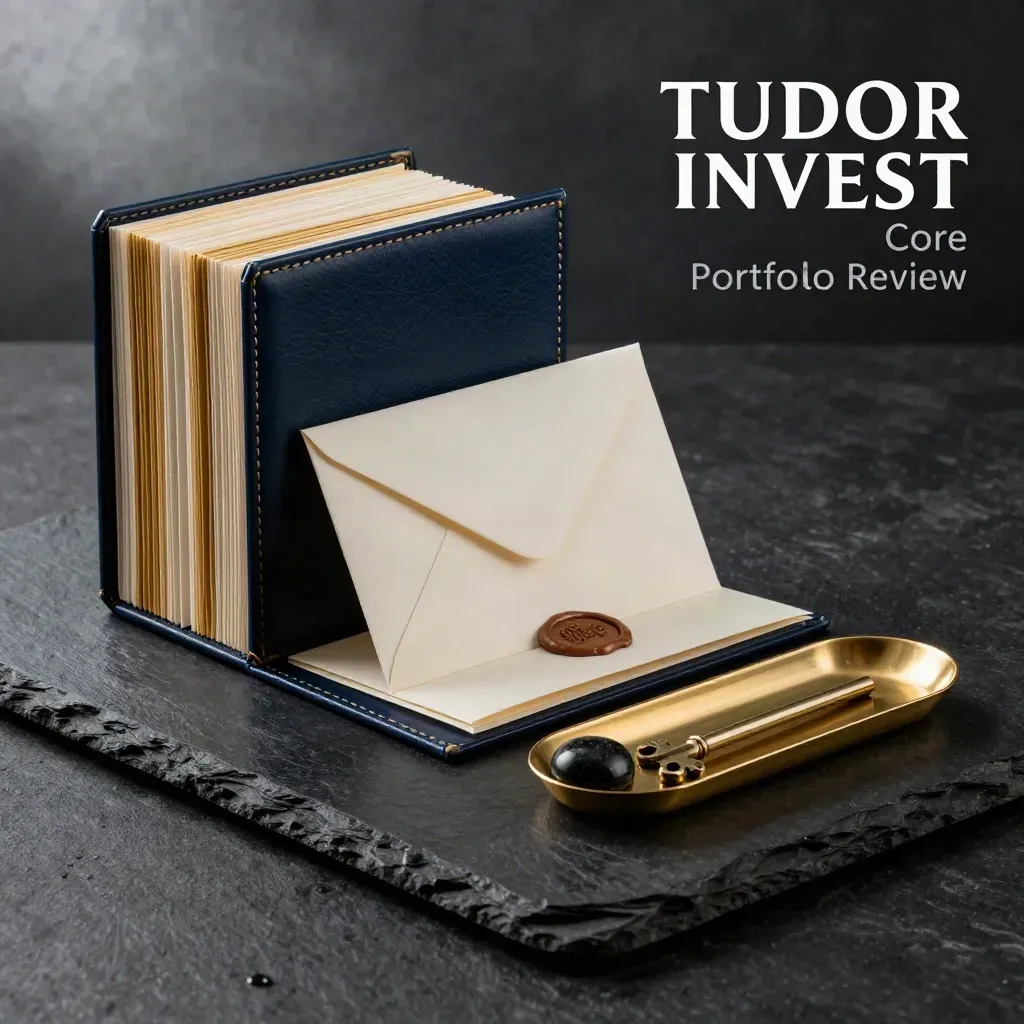 Luxury portfolio review folio with gold-edged cards, envelope, brass tray and stone paperweight on black stone