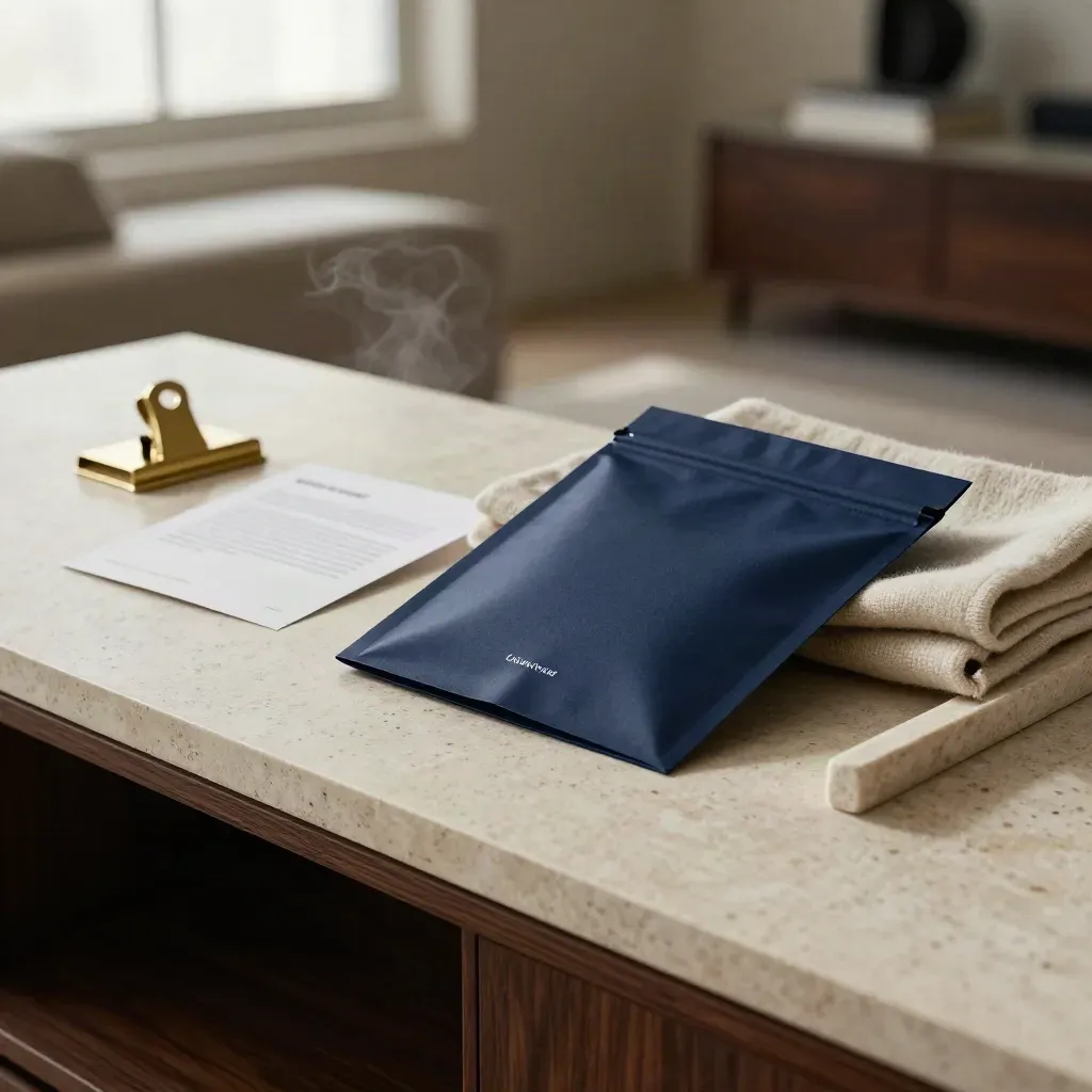 Navy client review pack on a stone sideboard with wool cloth and brass clip in soft haze.