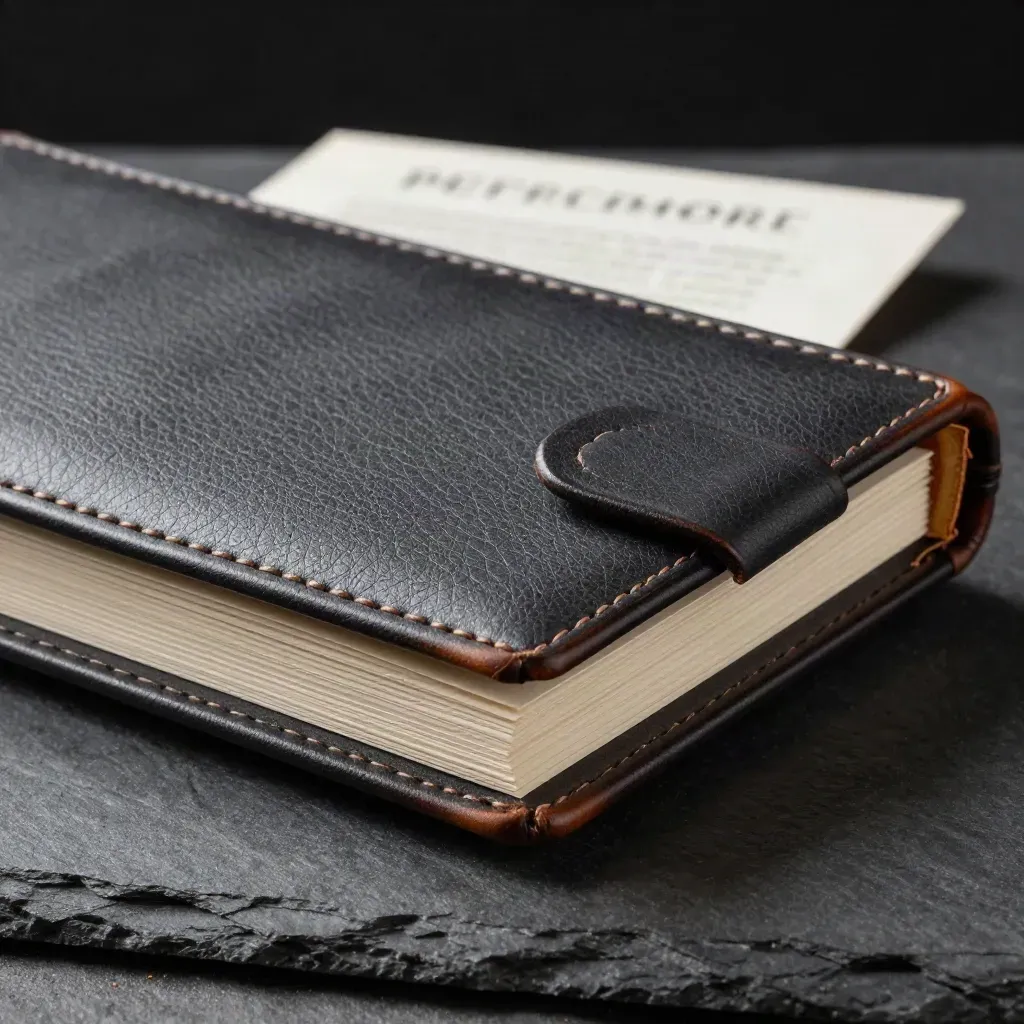 Charcoal retirement folio with cream inserts floating above slate, moody studio-lit close-up.
