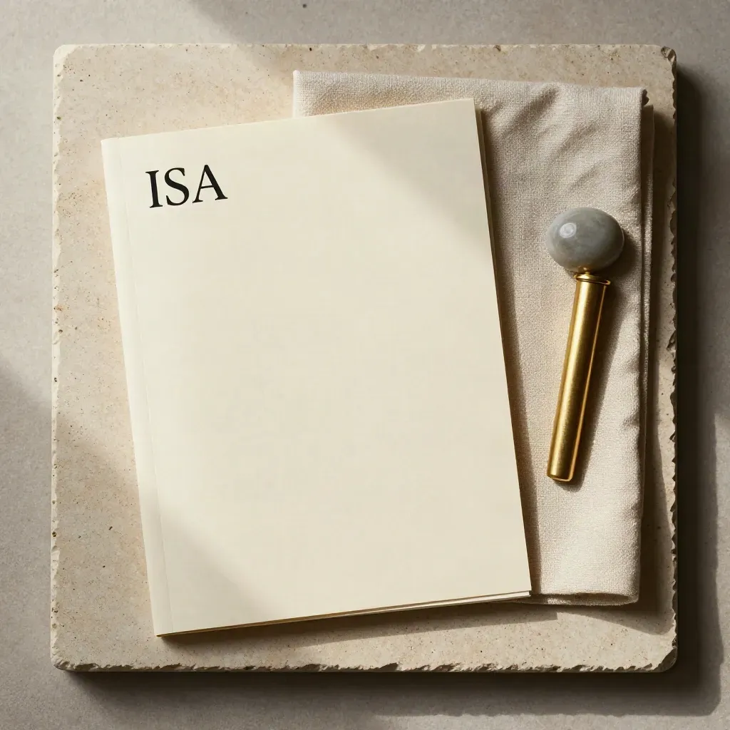 Overhead folio, linen cloth, brass clip and stone weight on sandstone slab.