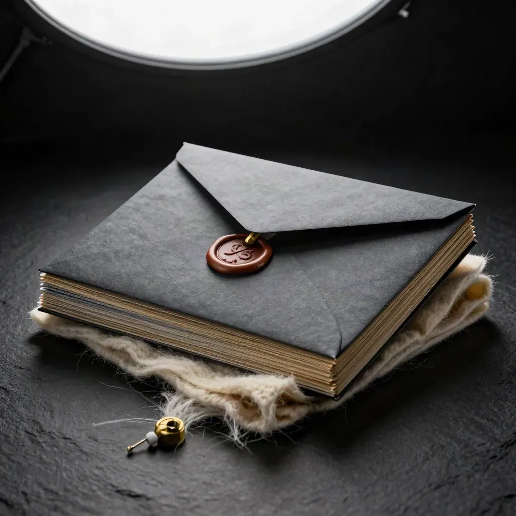 Slate cash-plan envelopes in folded wool with brass weight under dramatic studio light.