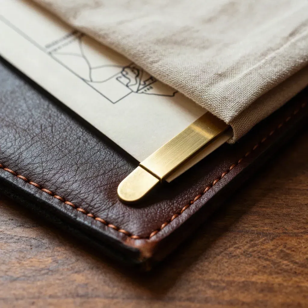 Slate leather packet partly open under linen, with brass divider on warm walnut.
