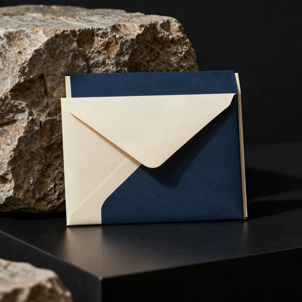 Matte navy savings folio with cream envelope and inserts leaning against a rough stone block in a dark studio