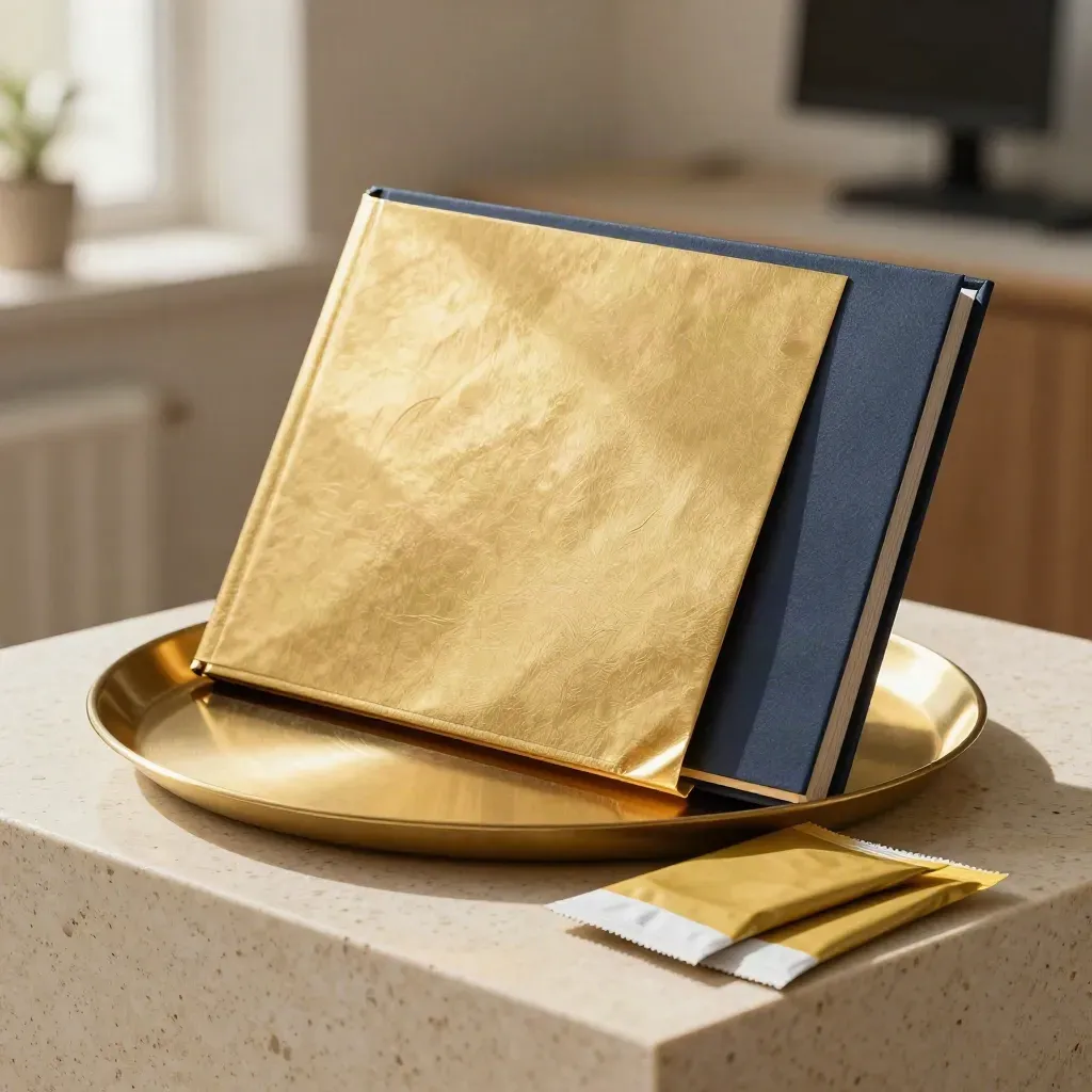 Gold review folio, navy backing, brass tray and folded packets on travertine.