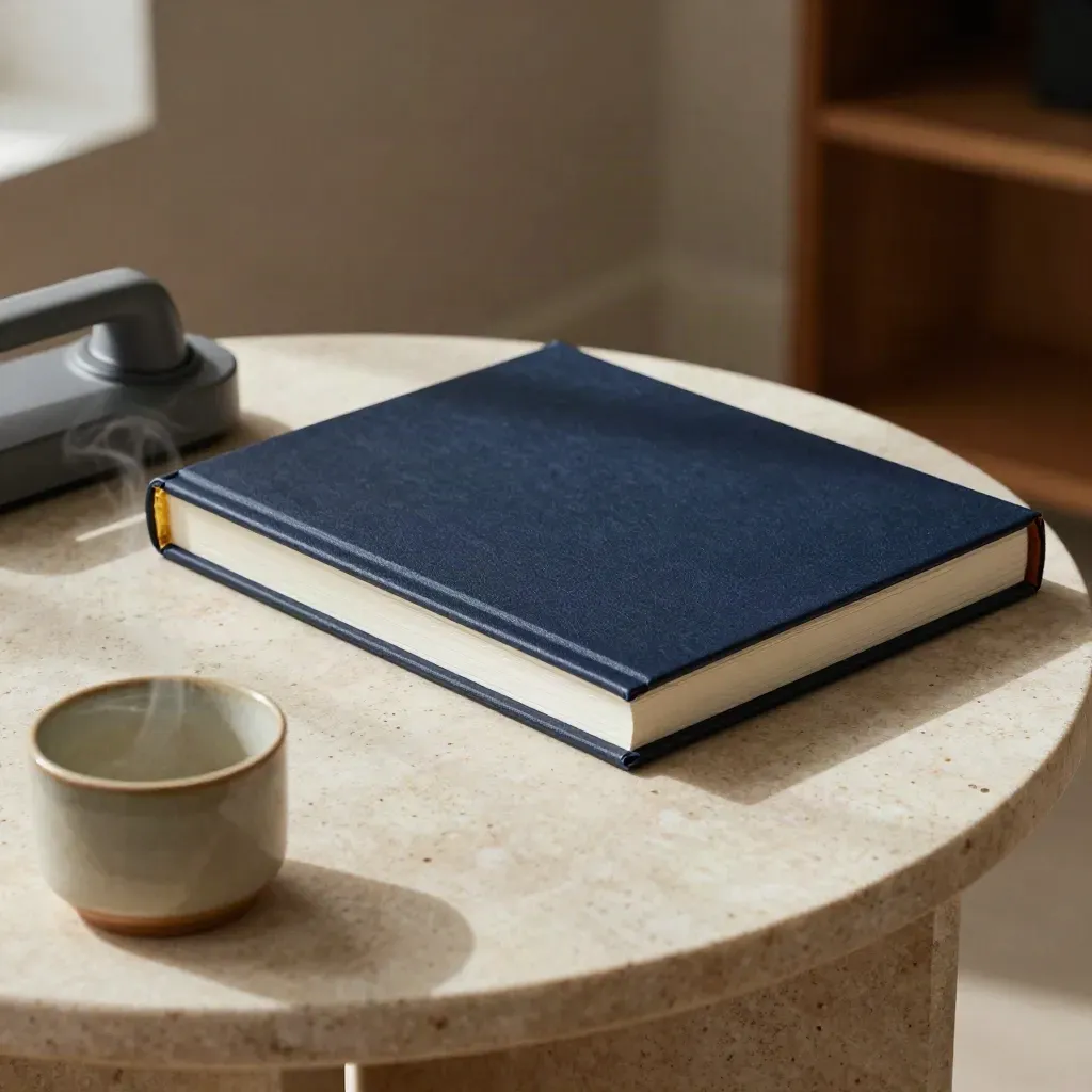 Matte navy investor-call folio beside a handset and steaming cup on travertine