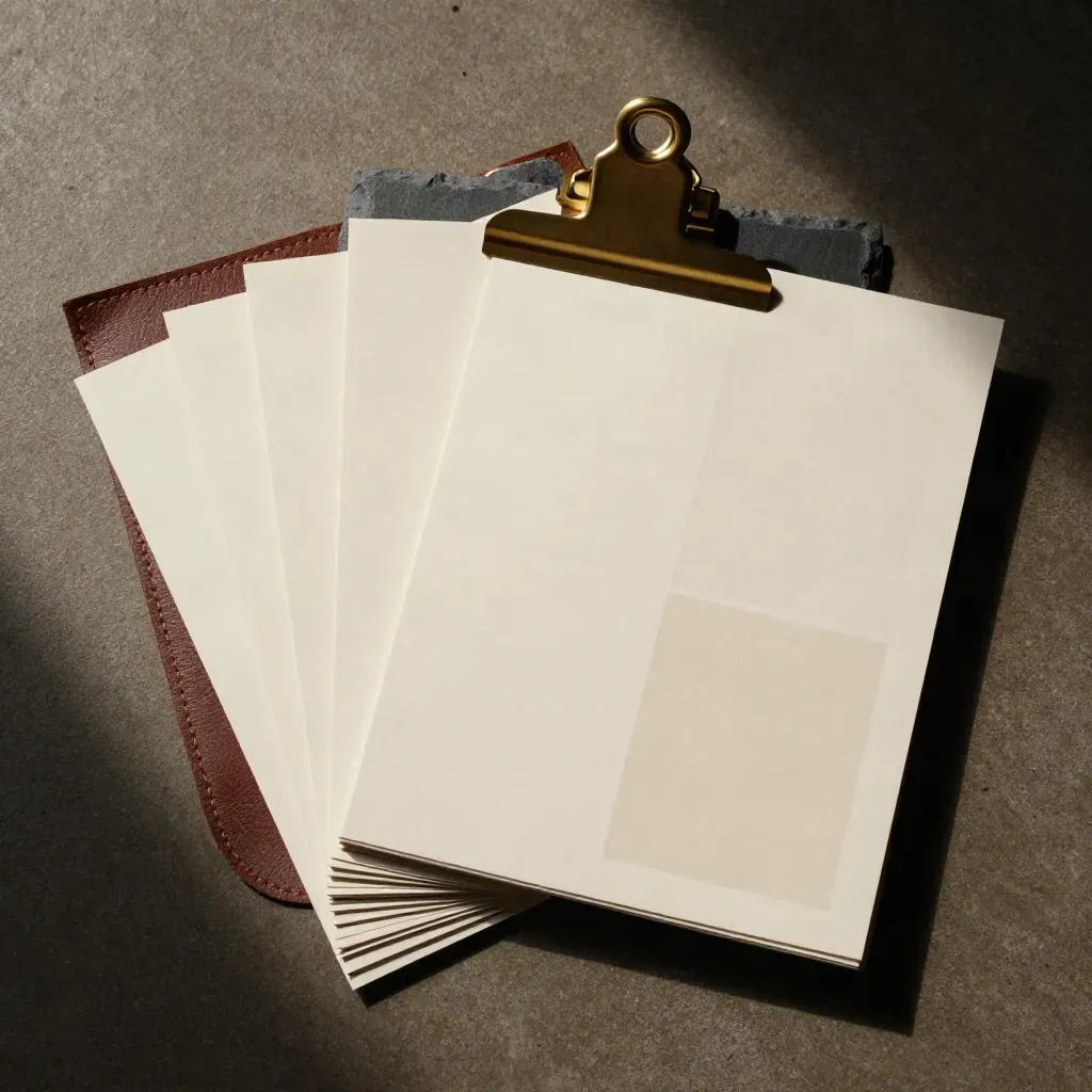 Overhead cream portfolio review papers on dark leather with brass clip on concrete