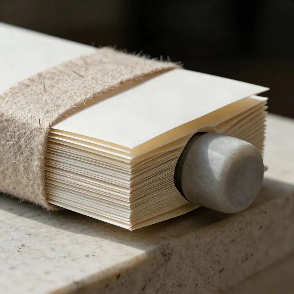 Macro of an off-white pension drawdown packet wrapped in wool beside a stone weight.