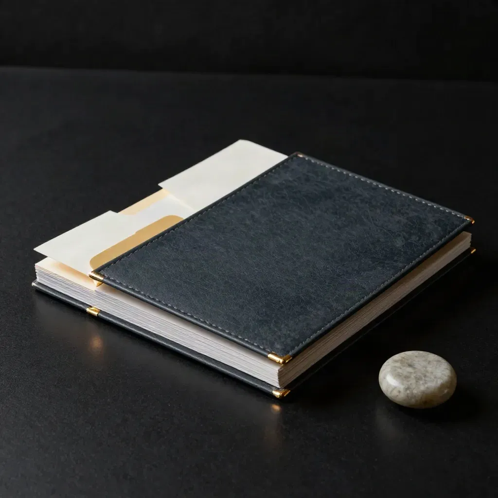Dark slate capital-gains folder with gold-edged tabs, inserts and stone weight on black surface