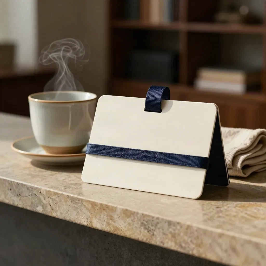 Cream cash-plan kit with navy strap, steaming cup and folded cloth on a limestone ledge.