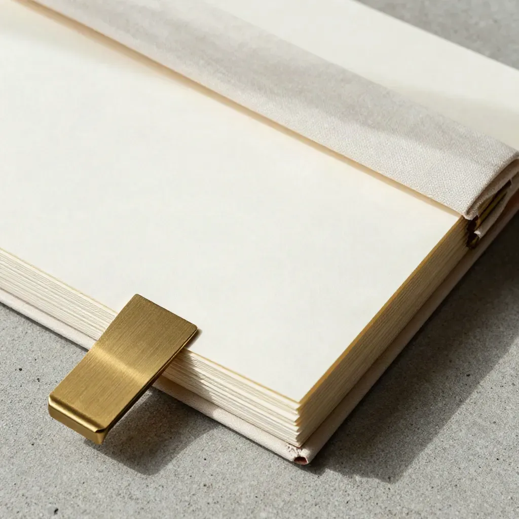 Overhead macro flatlay of planner inserts, pale linen and brass clip on cool concrete.