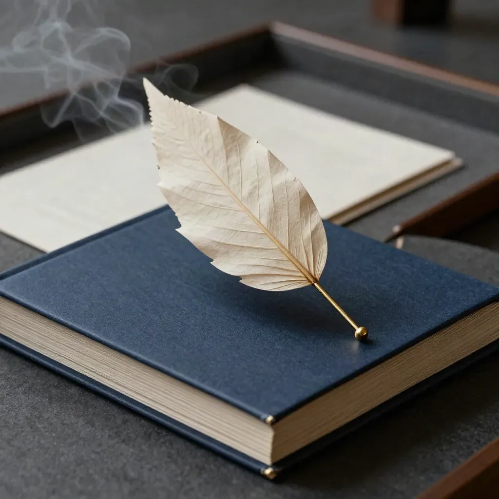Matte navy market-note bundle with brass pin and lifting paper leaf in soft haze.