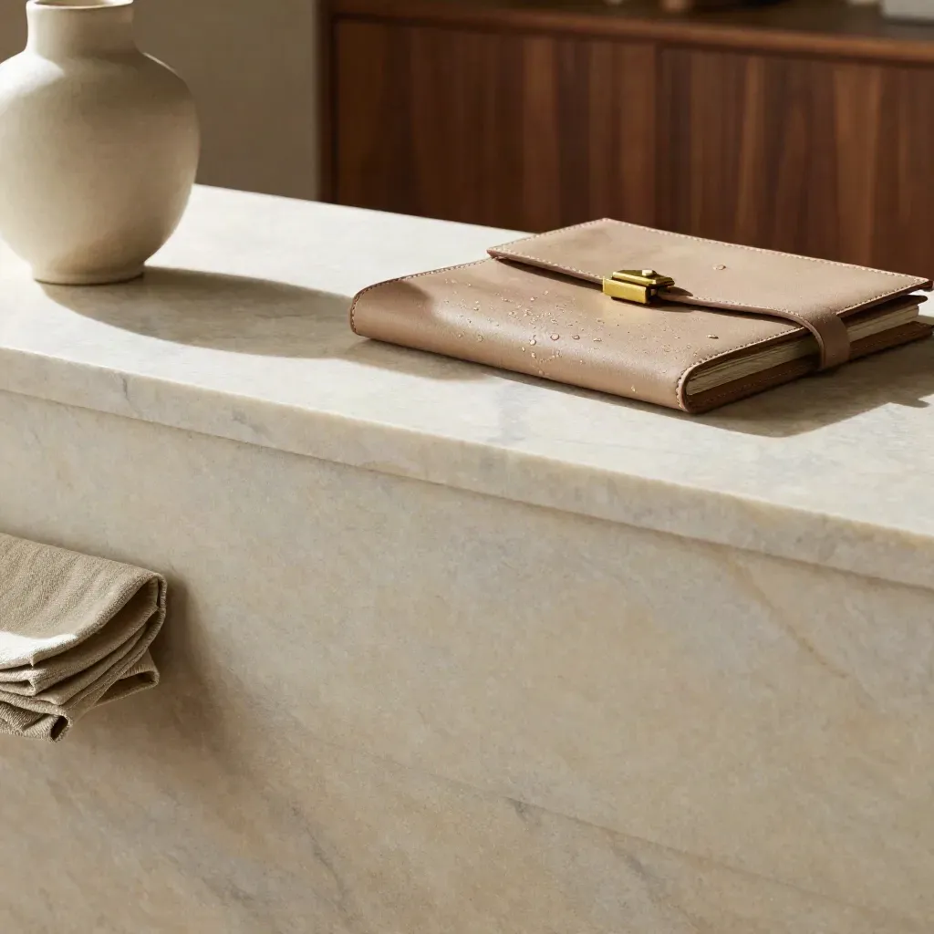Marble breakfast room scene with ceramic vessel, linen edge, and leather folio.