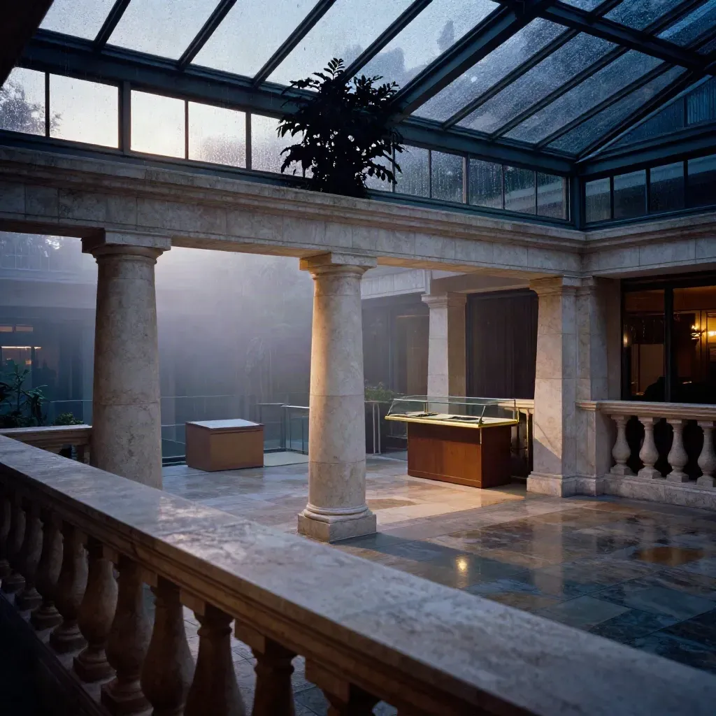 Rainy atrium interior with stone columns and a calm open floor for headline copy.