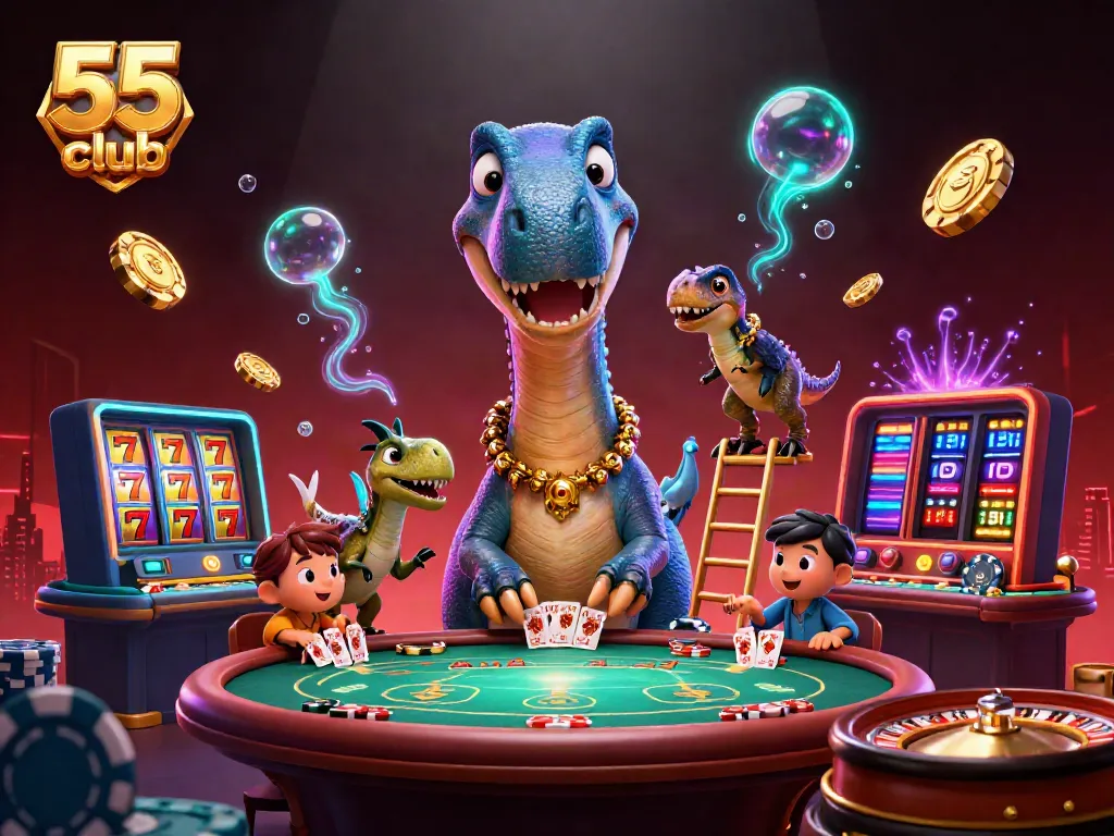 Experience thrilling gameplay at 55 club with interactive casino scenes featuring a fun 3D dinosaur.