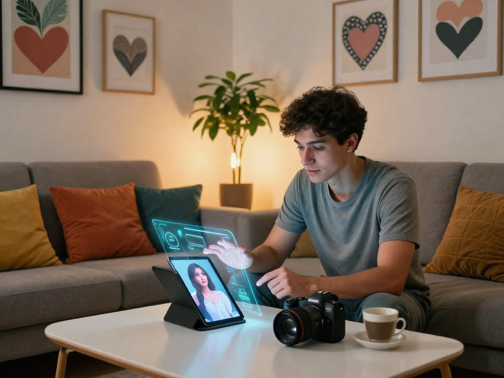 AI girlfriend hologram illuminating a cozy living room with modern decor