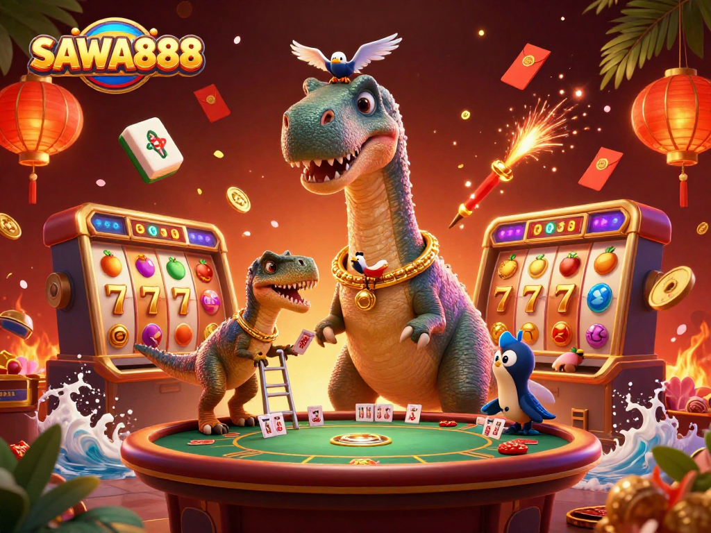 Experience thrilling slots action with SAWA888's vibrant casino scene featuring engaging characters and gameplay elements.