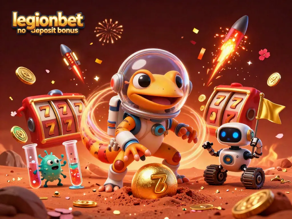 Join the fun at Legionbet with no deposit bonus, featuring a vibrant casino scene with Martian characters.