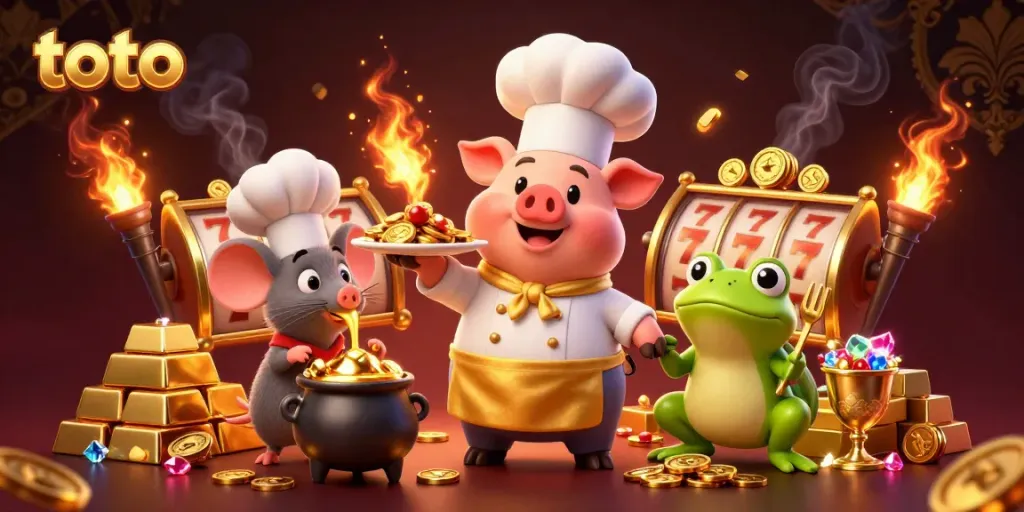 Engaging betting scene with toto characters showcasing casino excitement with slot reels and gold.