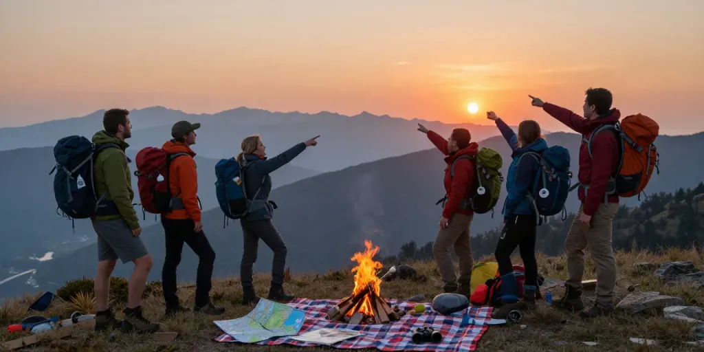 Join a group of adventurous hikers as they visit these guys at a stunning mountain vista during sunset.