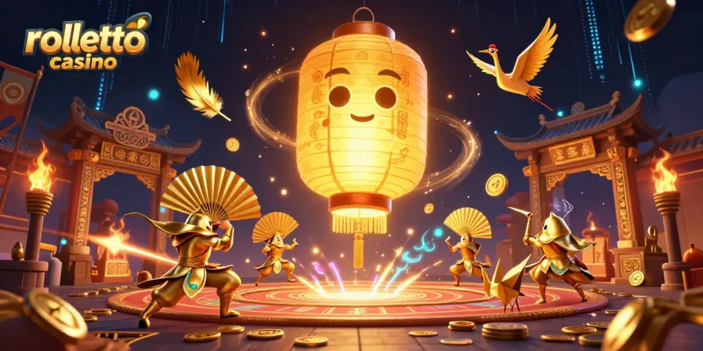 Engage with rolletto casino's vibrant 3D illustration showcasing epic gaming elements and glowing characters.