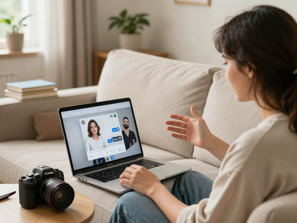 Engaging sex chat ai experience with users video chatting in a cozy home setting.