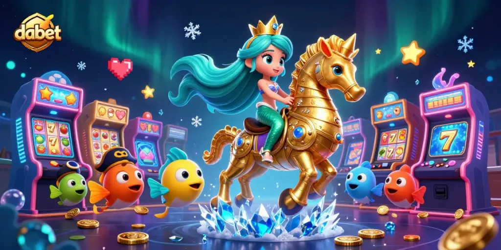 Dabet's vibrant casino-themed illustration features a mermaid and her seahorse amidst slot reels and colorful arcade machines.