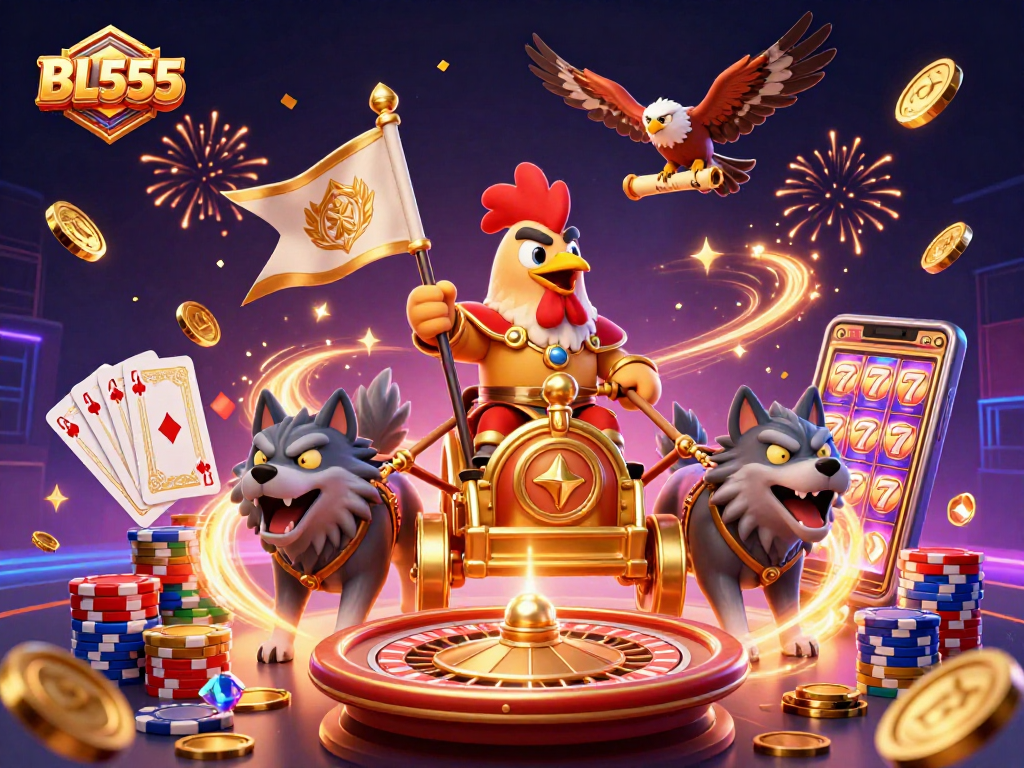 Experience thrilling action with BL555 as the rooster warlord leads a casino adventure amidst golden coins and roulette wheels.