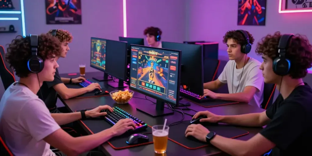 Group of friends playing casino games on high-tech setup showcasing 11bet excitement.