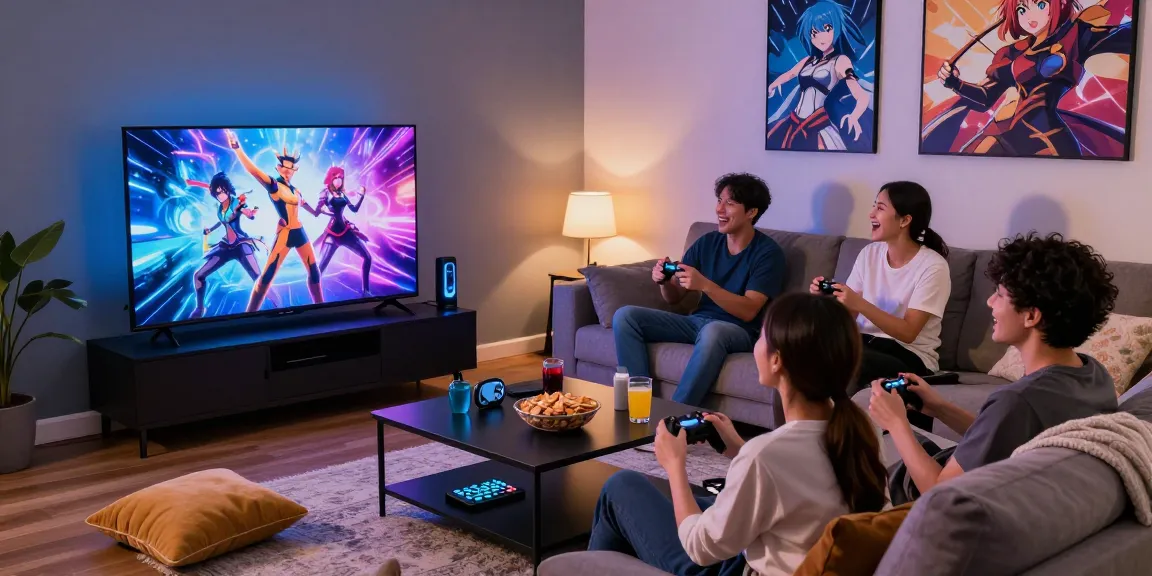 Friends enjoying an exciting ero game night in a cozy living room with vibrant decor.