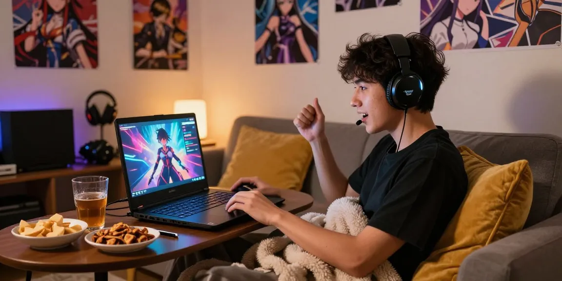 Engaged player immersed in a hentai game online in a cozy home setting.