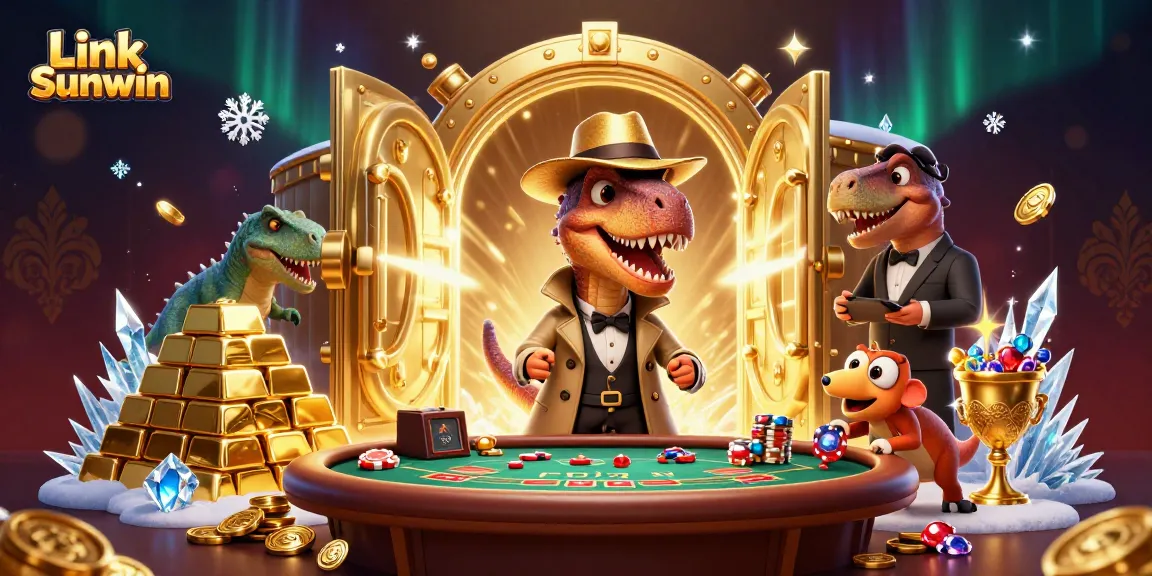 Win big at Link Sunwin, featuring a velociraptor card counter and gold treasures in a vibrant casino.