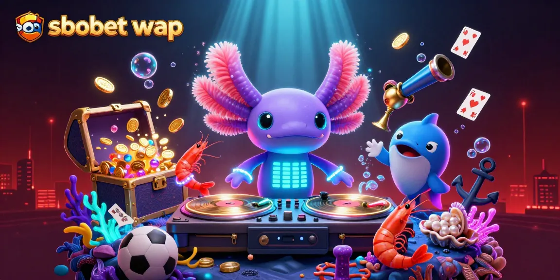Experience sbobet wap with animated axolotl DJ and shrimp dancers in a vibrant casino scene.