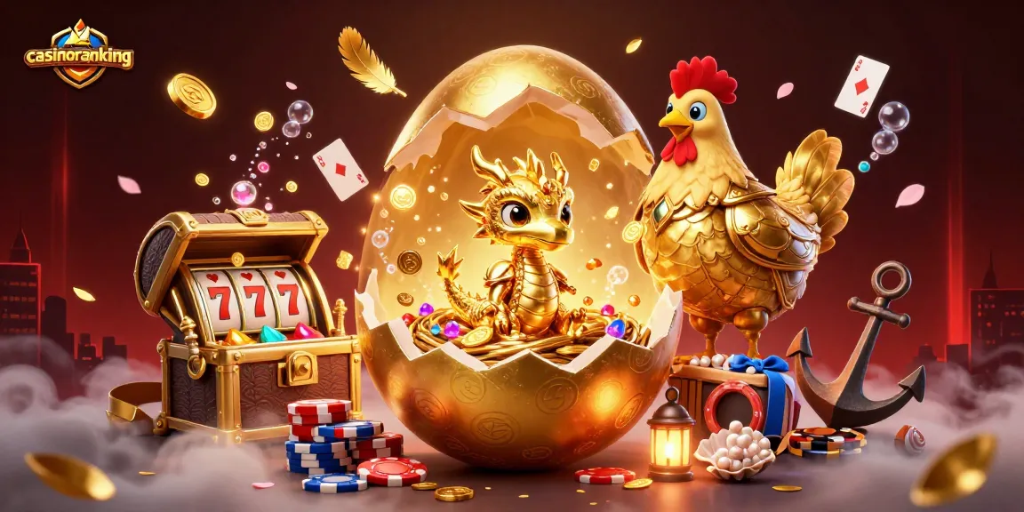 Casinoranking showcases an exhilarating casino scene with a golden dragon and poker chips, surrounded by colorful game elements.