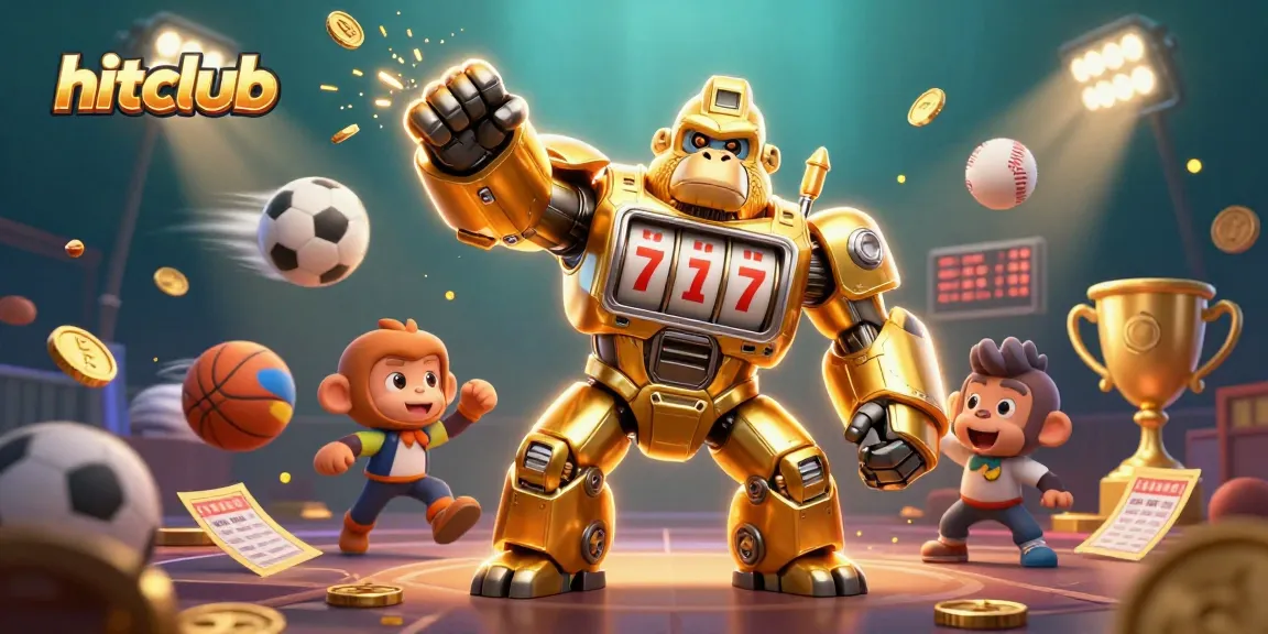 Engage in hitclub gaming with a golden gorilla mech and dynamic sports elements filling the scene.